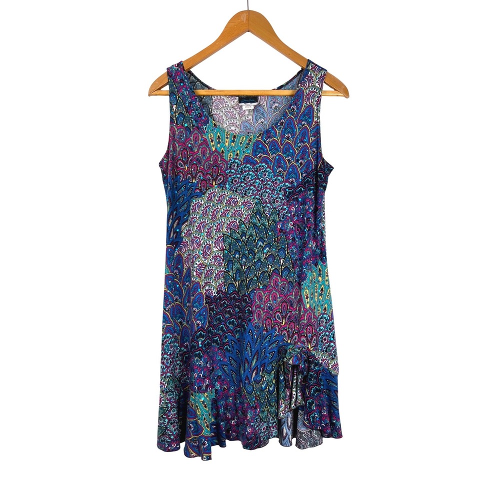 Dream Dance Womens Blue Purple Paisley Peacock Sequin Ruffle Shift Dress Medium